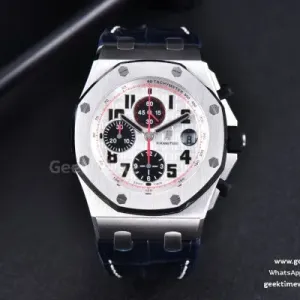 Royal Oak Offshore 26170ST JF 42mm cadran blanc aiguilles rouges bracelet cuir noir A7750 V3