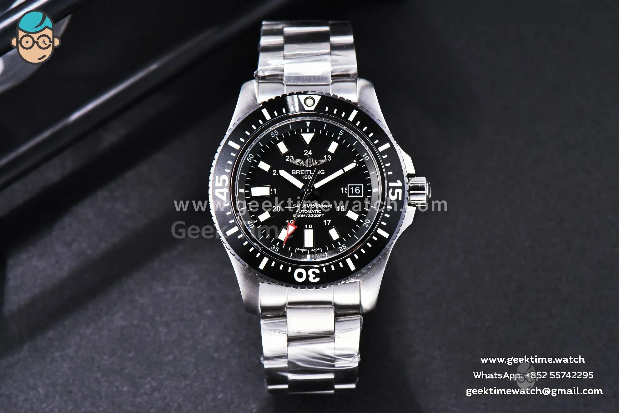 SuperOcean TF 44mm Black Ceramic Black Dial Stick Marker SS Bracelet A2824