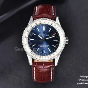 Navitimer TF 38mm SS cadran bleu lunette blanche bracelet cuir marron A2824