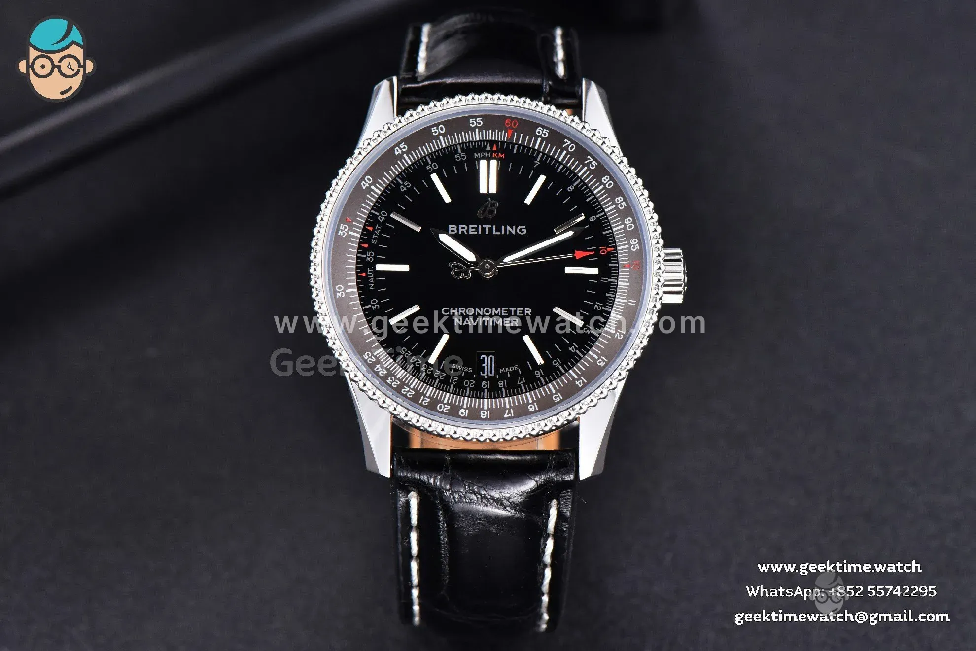 Navitimer TF 38mm SS Black Dial Gray Bezel Black Leather Strap A2824