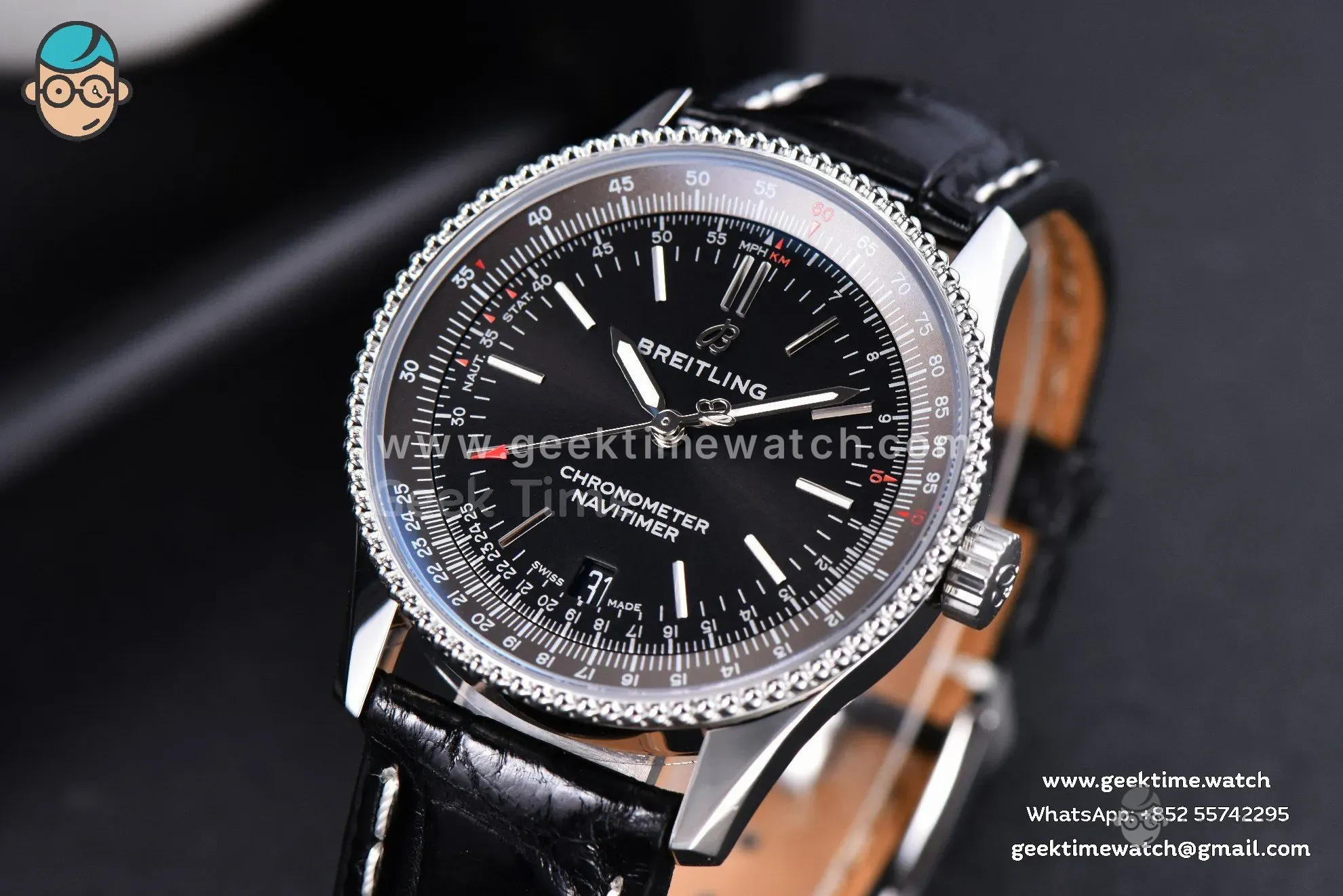 Navitimer TF 38mm SS Black Dial Gray Bezel Black Leather Strap A2824 - Image 2