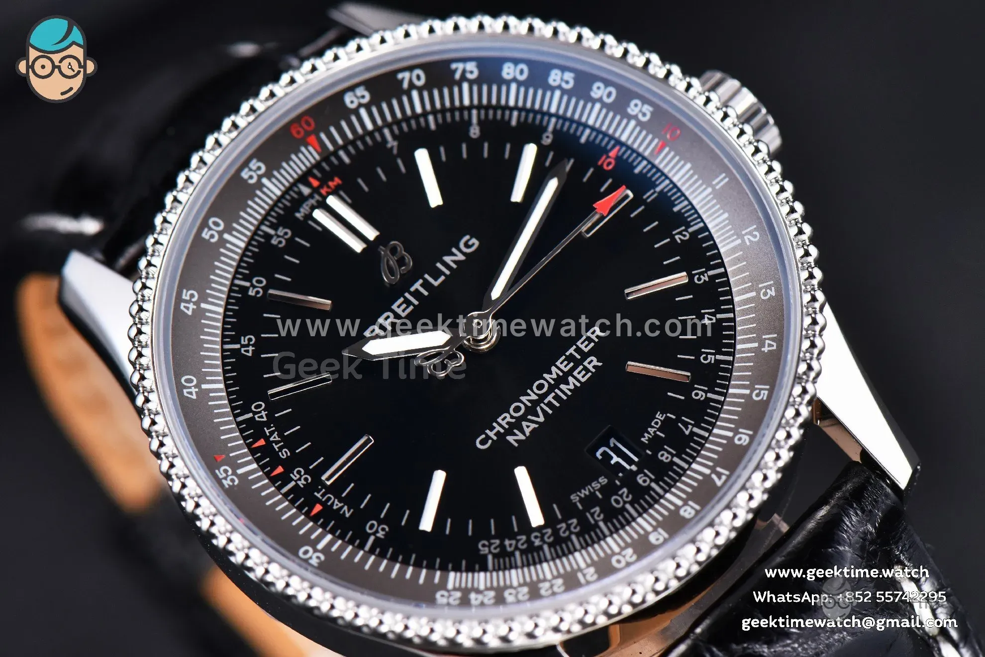 Navitimer TF 38mm SS Black Dial Gray Bezel Black Leather Strap A2824 - Image 9