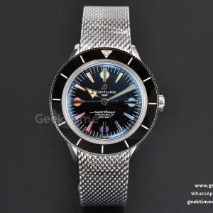 SuperOcean Heritage 42mm SS GF schwarze Keramik schwarzes Zifferblatt Regenbogen-Indizes Mesh-Armband A2824