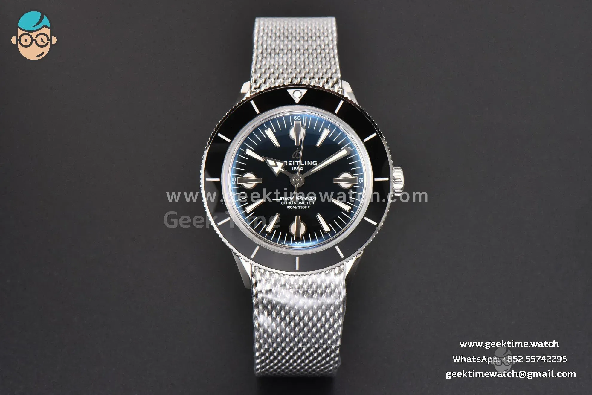SuperOcean Heritage 42mm SS GF Black Ceramic Black Dial Mesh Bracelet A2824