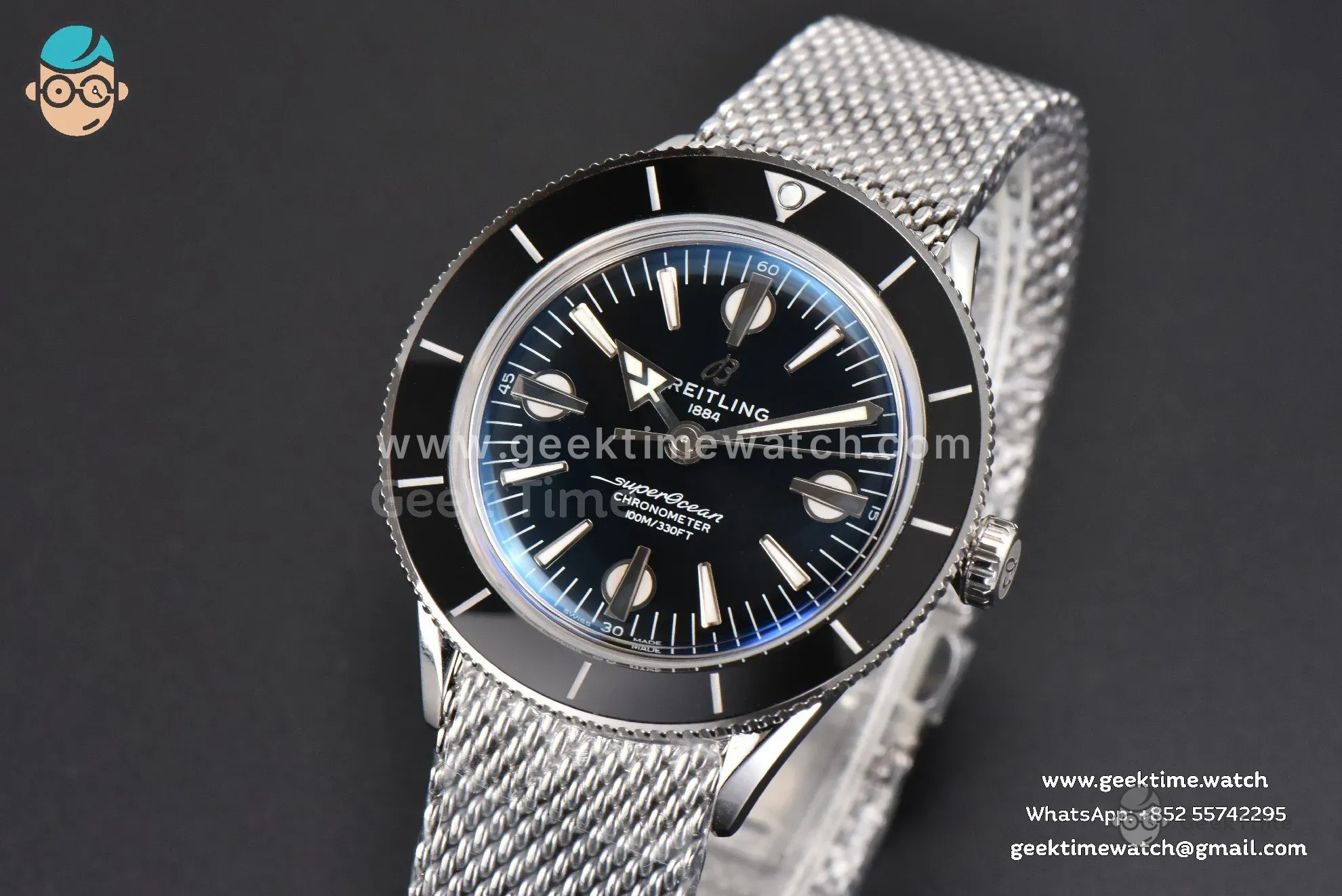 SuperOcean Heritage 42mm SS GF Black Ceramic Black Dial Mesh Bracelet A2824 - Image 2