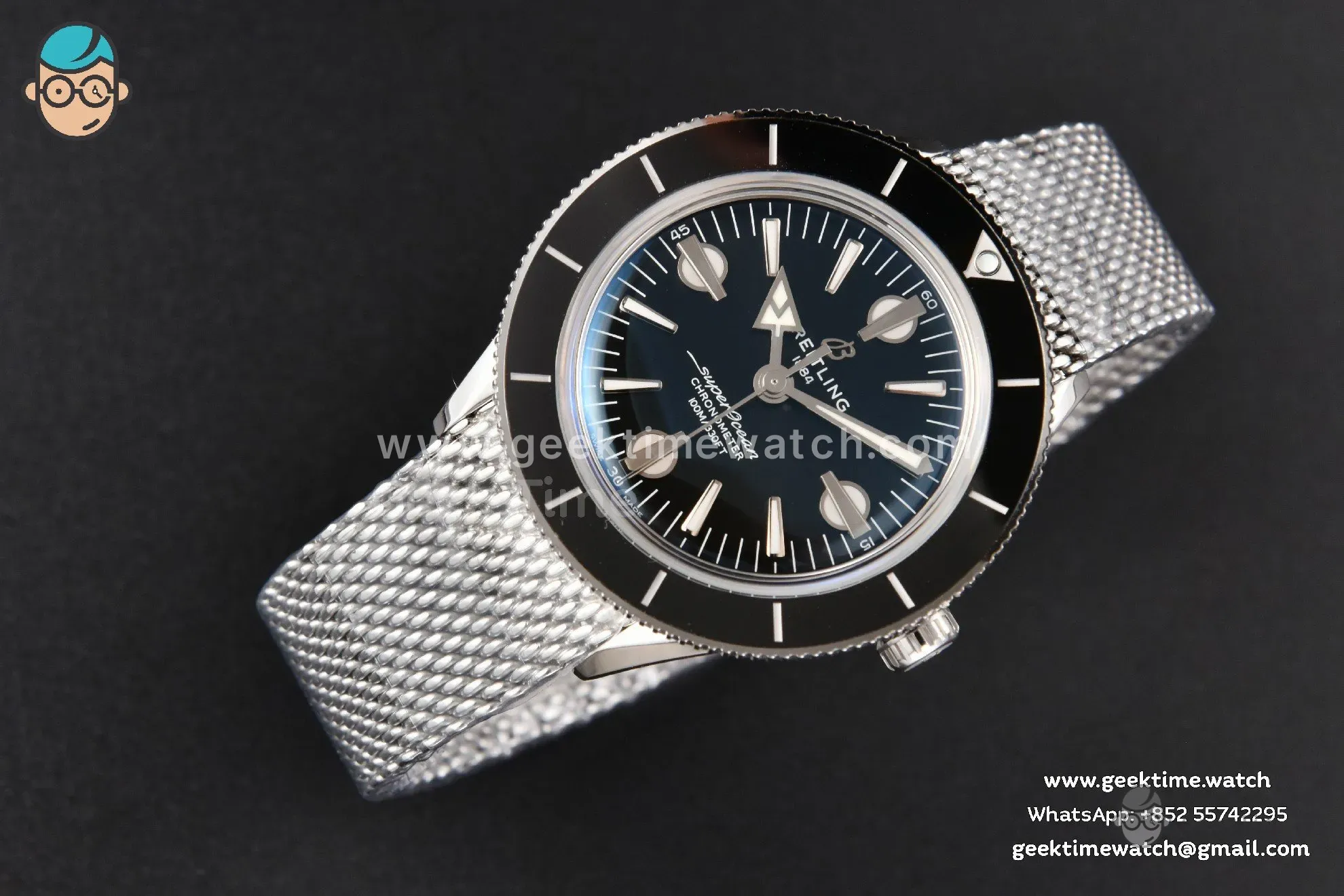 SuperOcean Heritage 42mm SS GF Black Ceramic Black Dial Mesh Bracelet A2824 - Image 12