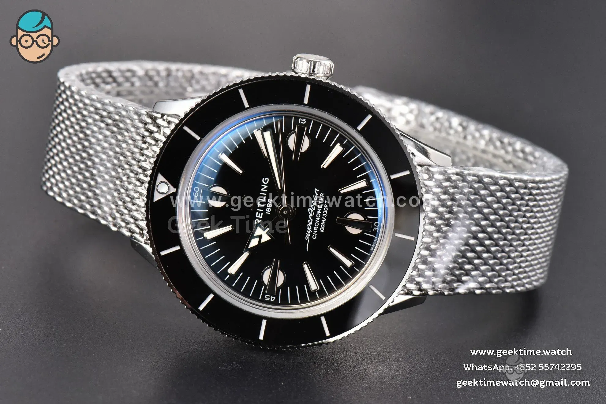 SuperOcean Heritage 42mm SS GF Black Ceramic Black Dial Mesh Bracelet A2824 - Image 13