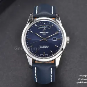 Transocean Day & Date V7F 43mm blaues Zifferblatt schwarzes Lederarmband Clone CA145