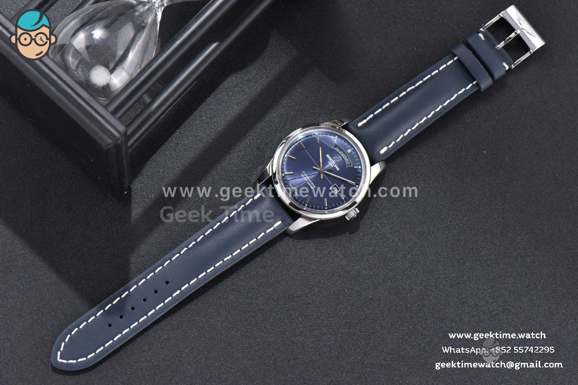 Transocean Day & Date V7F 43mm Blue Dial Black Leather Strap Clone CA145 - Image 4