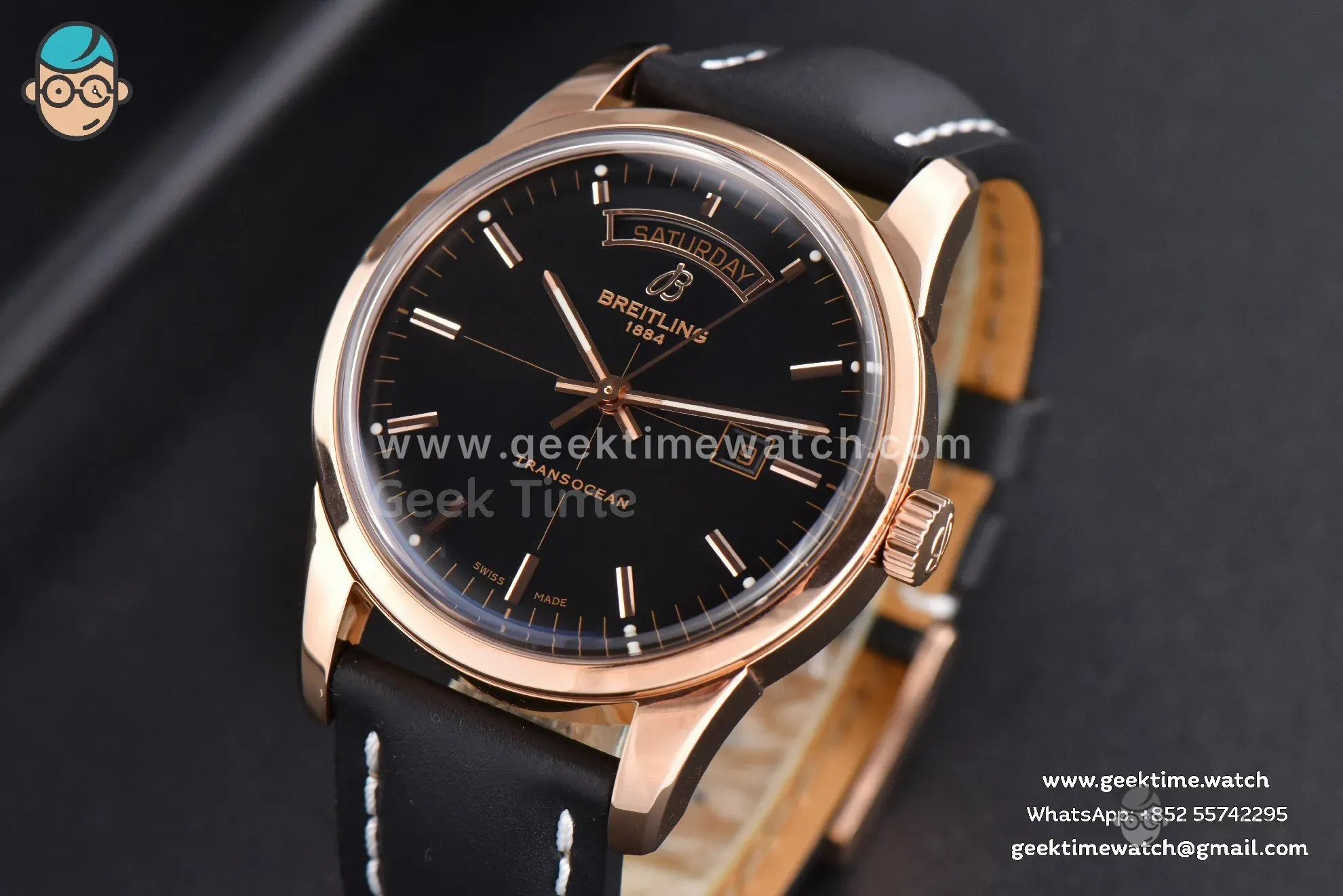 Transocean Day & Date V7F 43mm RG quadrante nero cinturino in pelle nera Clone CA145 - Image 2