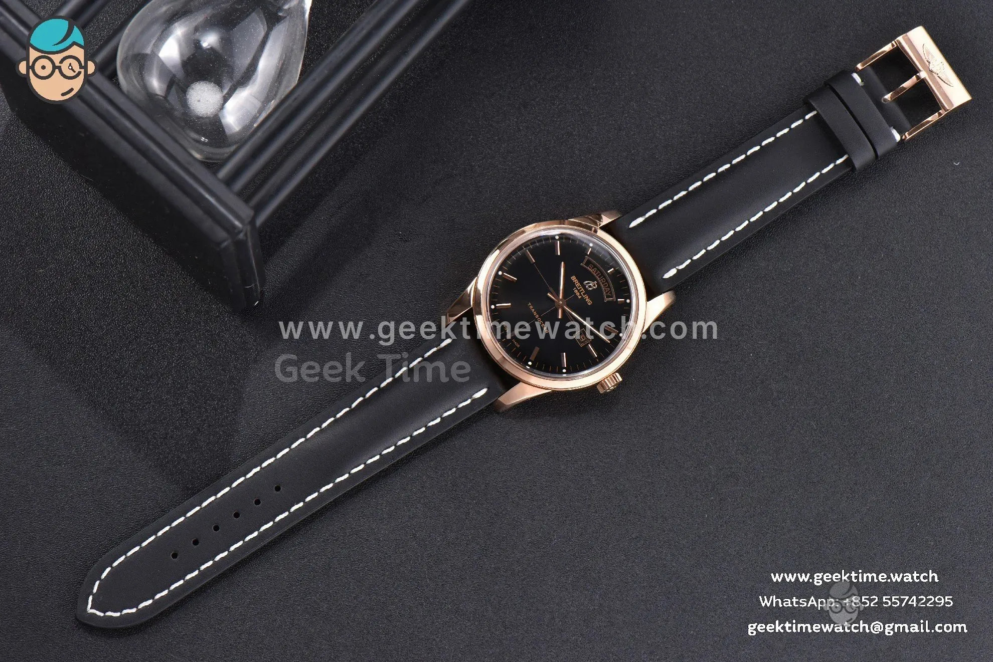Transocean Day & Date V7F 43mm RG quadrante nero cinturino in pelle nera Clone CA145 - Image 4