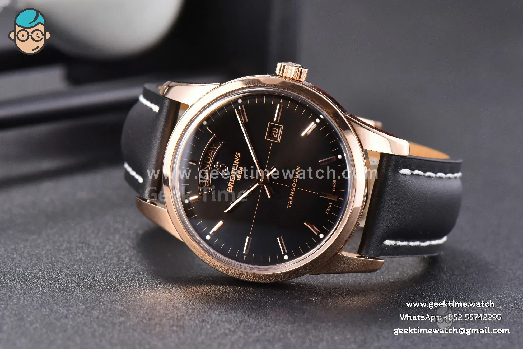 Transocean Day & Date V7F 43mm RG quadrante nero cinturino in pelle nera Clone CA145 - Image 14