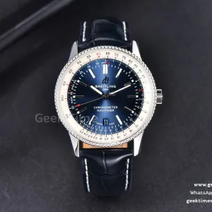 Navitimer TF 41mm SS cadran bleu lunette blanche bracelet cuir bleu A2824