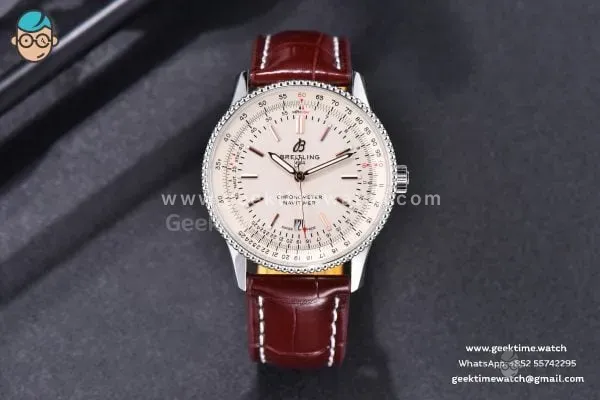 Navitimer TF 41mm SS cadran blanc lunette blanche bracelet cuir marron A2824 - Image 3