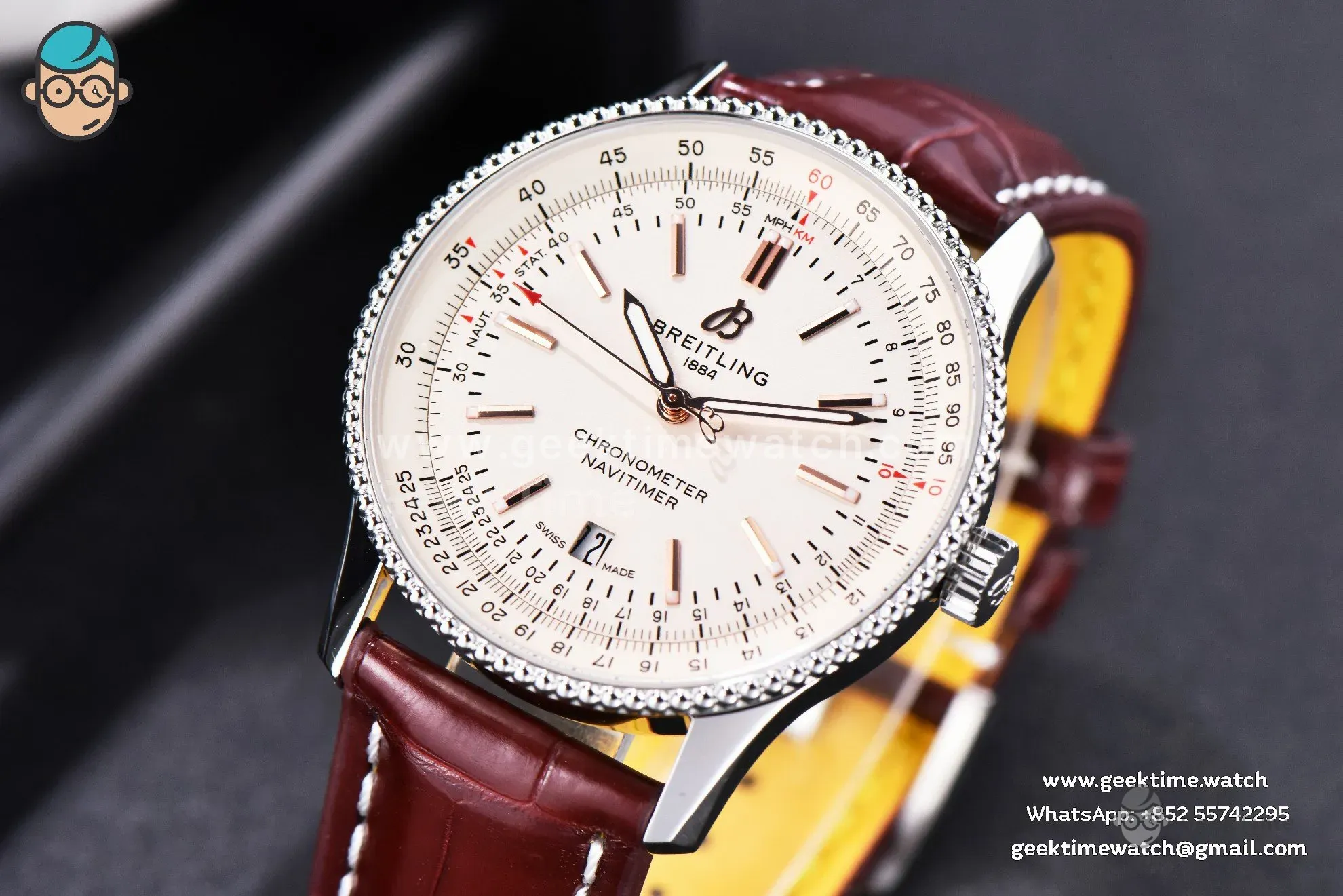 Navitimer TF 41mm SS cadran blanc lunette blanche bracelet cuir marron A2824 - Image 2
