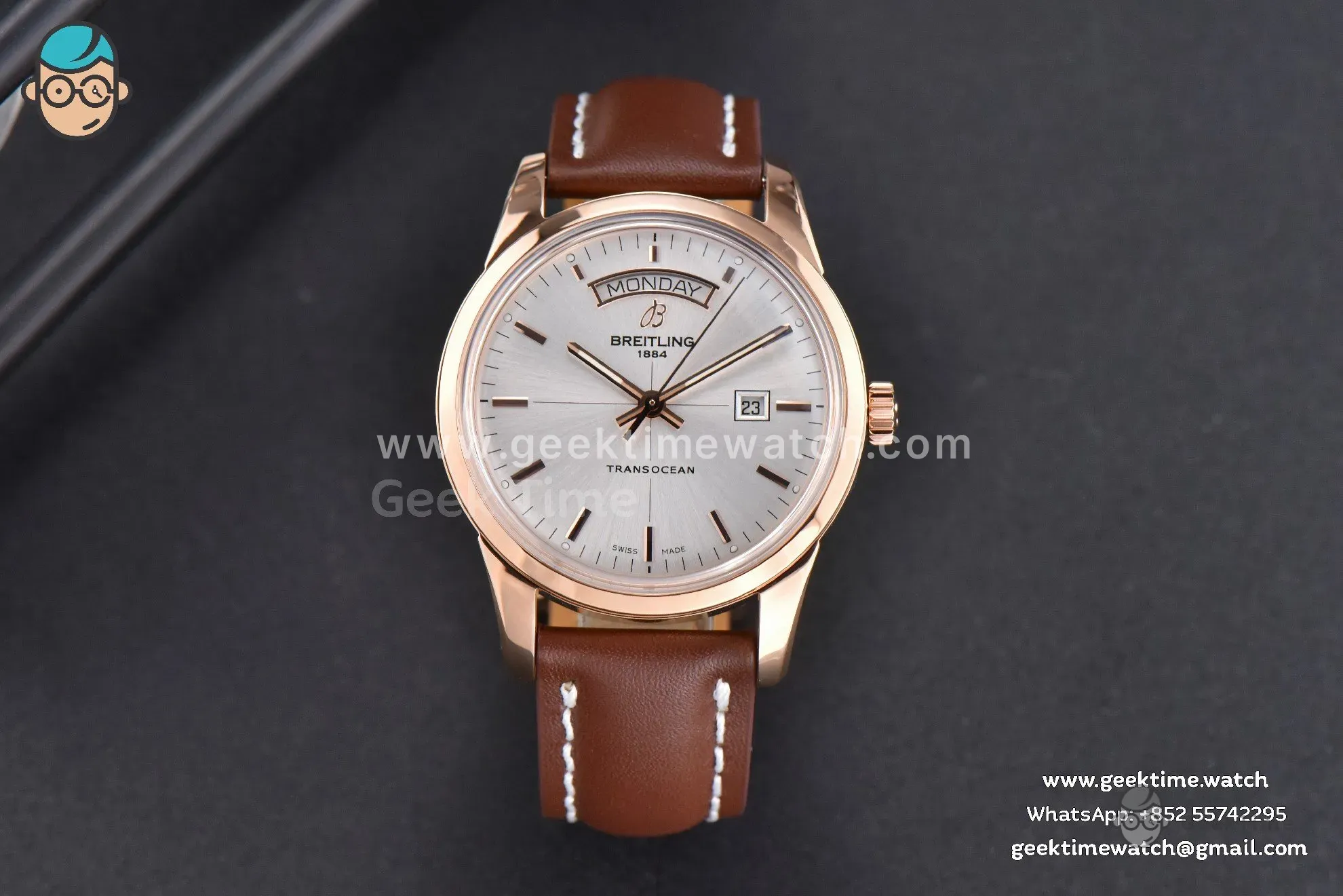 Transocean Day & Date V7F 43mm RG quadrante argento cinturino in pelle marrone Clone CA145
