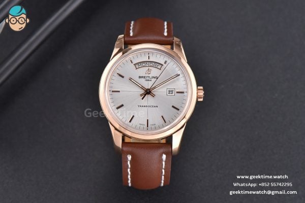 Transocean Day & Date V7F 43mm RG quadrante argento cinturino in pelle marrone Clone CA145 - Image 3