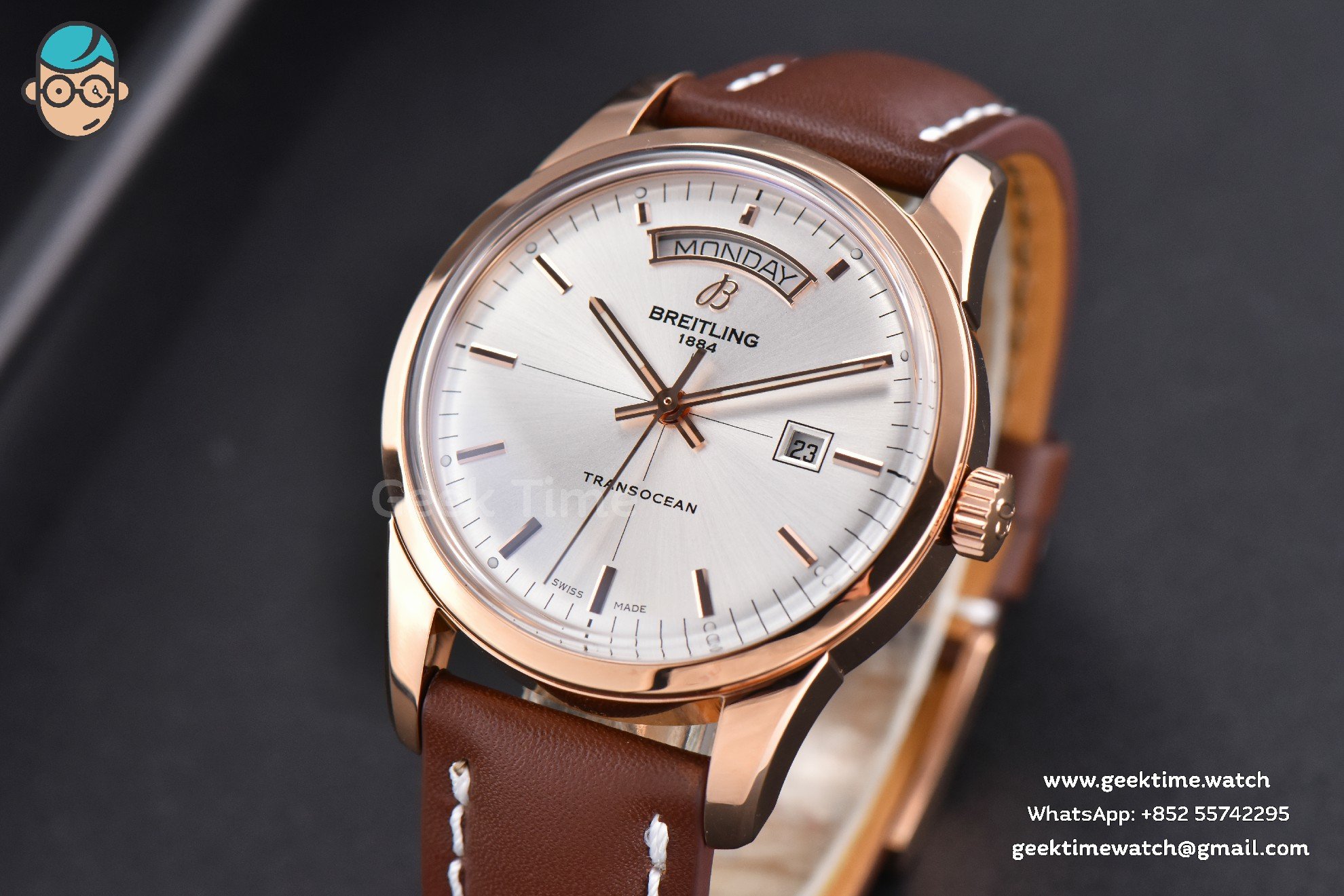 Transocean Day & Date V7F 43mm RG quadrante argento cinturino in pelle marrone Clone CA145 - Image 2