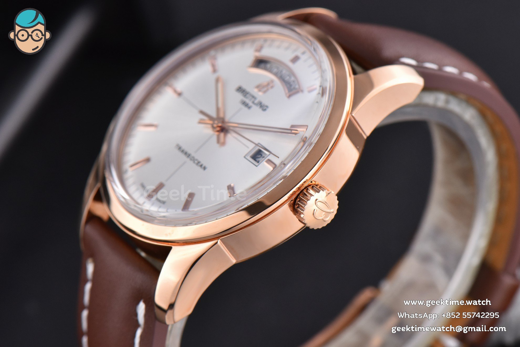 Transocean Day & Date V7F 43mm RG quadrante argento cinturino in pelle marrone Clone CA145 - Image 6