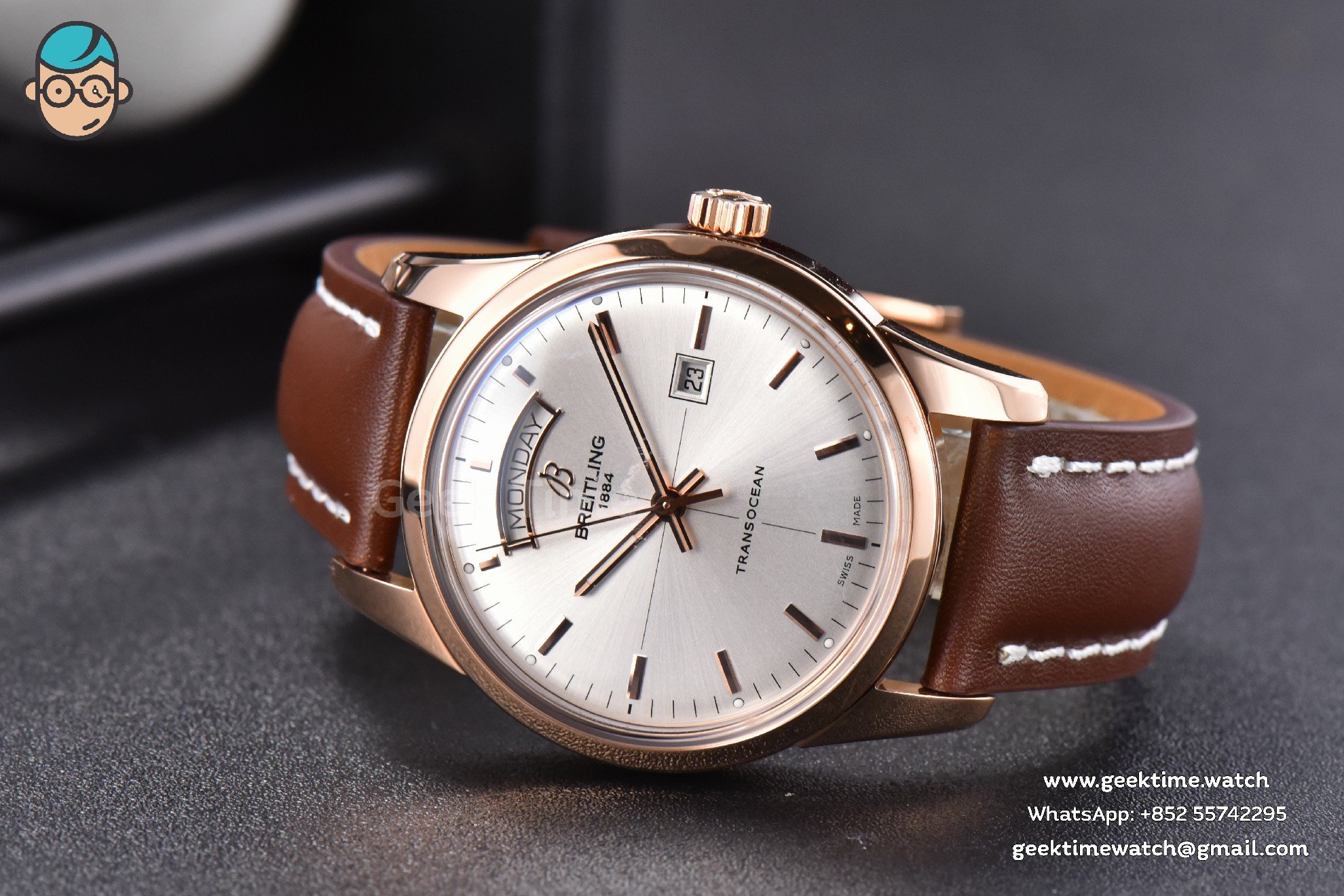 Transocean Day & Date V7F 43mm RG quadrante argento cinturino in pelle marrone Clone CA145 - Image 15