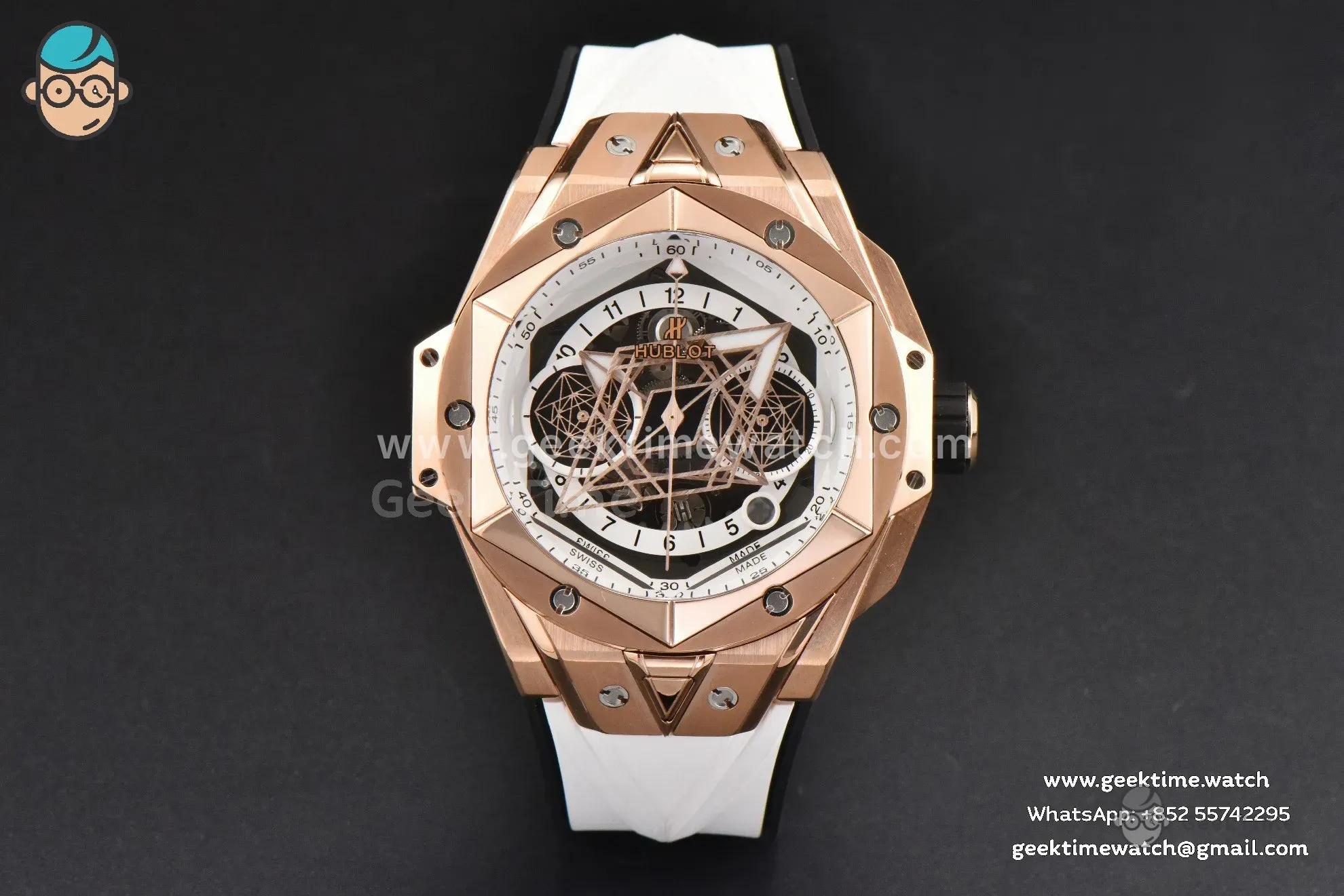 Big Bang Sang Bleu II Chrono RG 45mm BBF weißes skelettiertes Zifferblatt weißes Kautschukarmband HUB1240