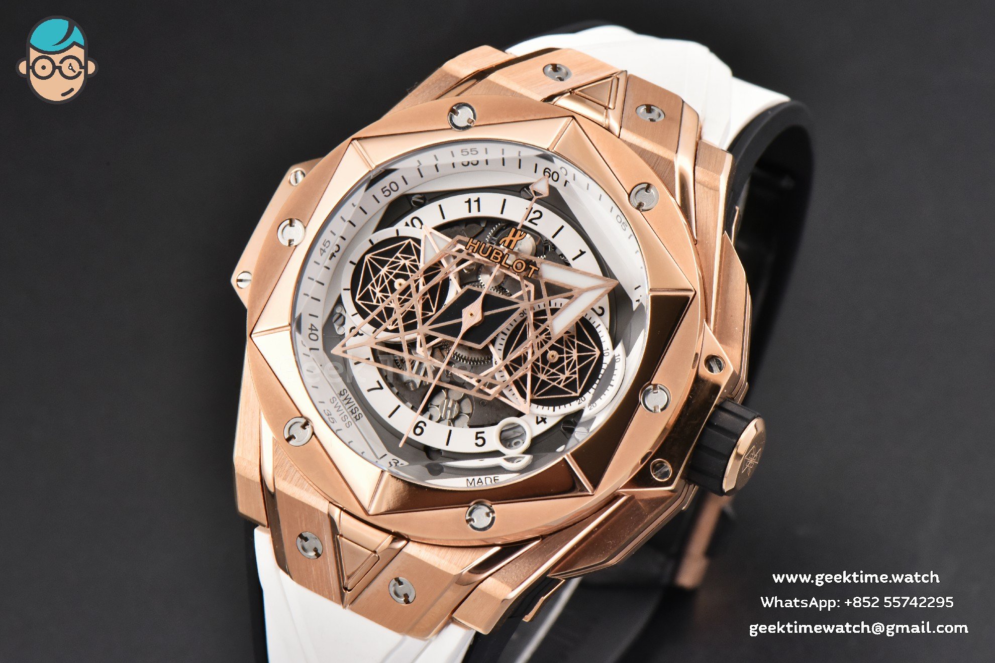 Big Bang Sang Bleu II Chrono RG 45mm BBF weißes skelettiertes Zifferblatt weißes Kautschukarmband HUB1240 - Image 2
