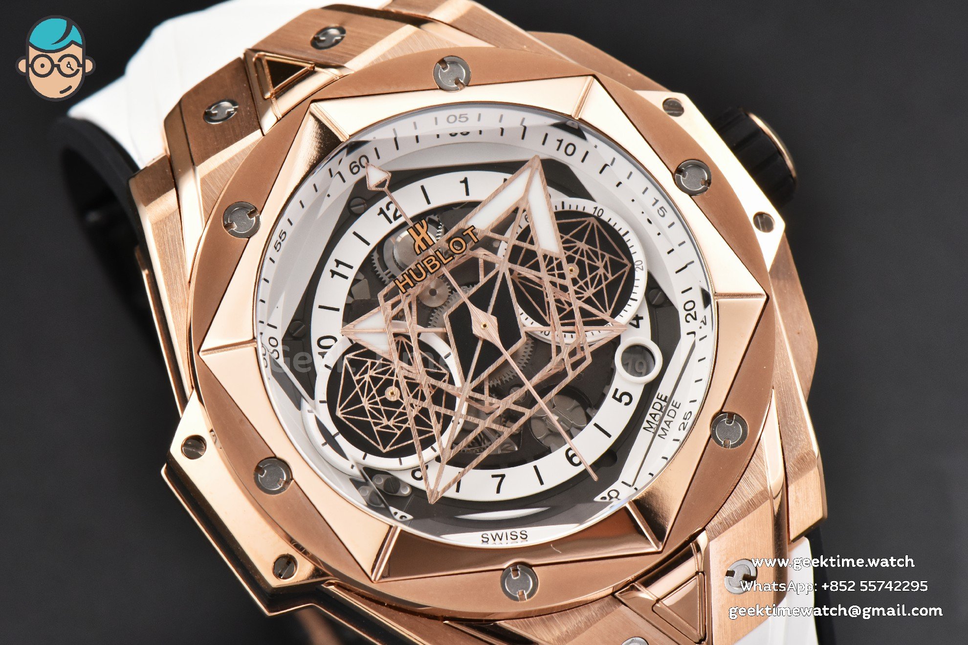 Big Bang Sang Bleu II Chrono RG 45mm BBF weißes skelettiertes Zifferblatt weißes Kautschukarmband HUB1240 - Image 10