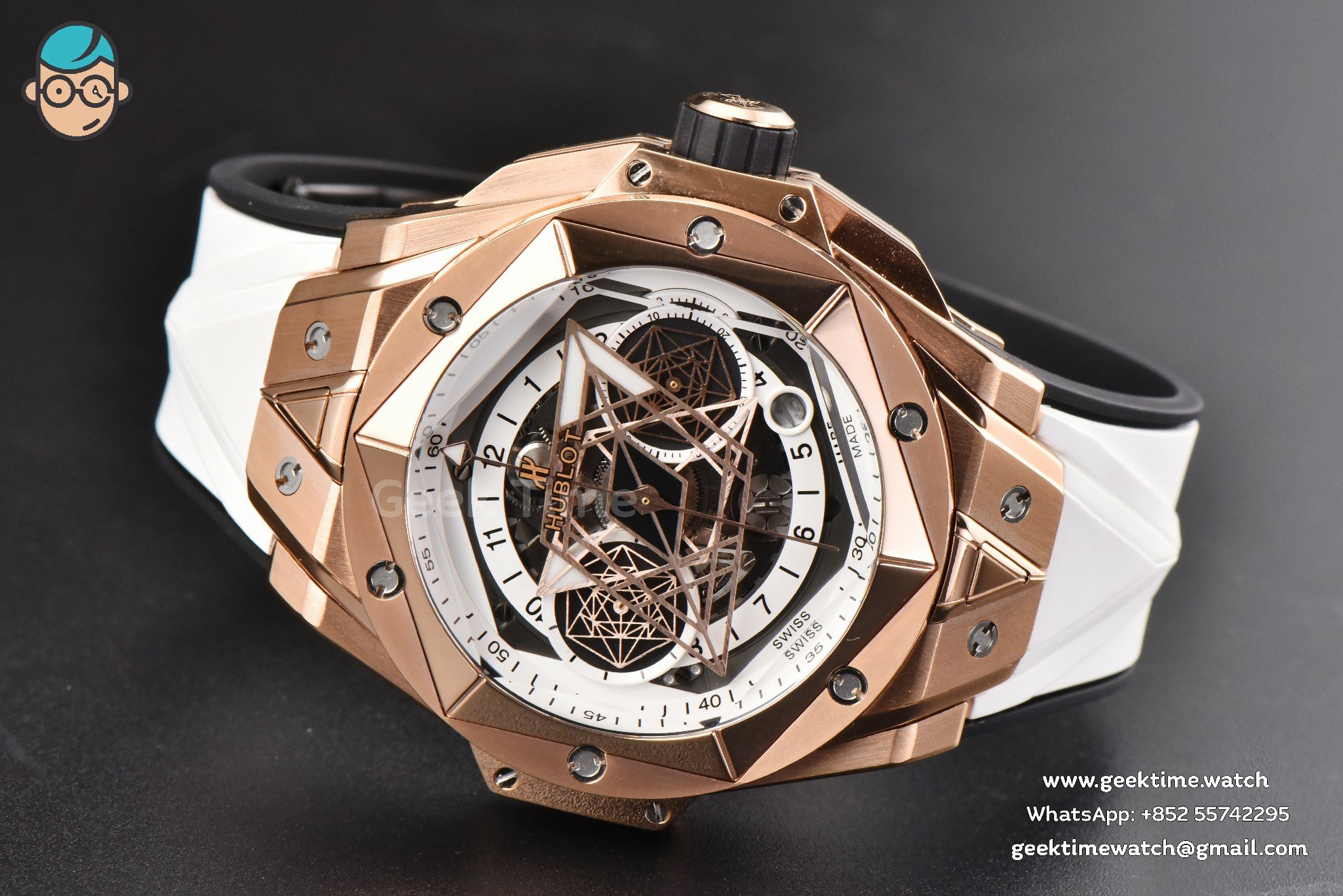 Big Bang Sang Bleu II Chrono RG 45mm BBF weißes skelettiertes Zifferblatt weißes Kautschukarmband HUB1240 - Image 11