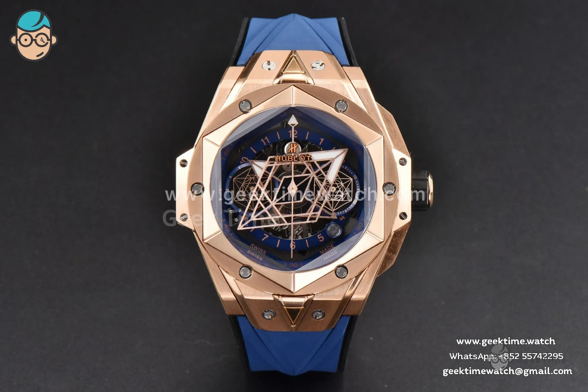 Big Bang Sang Bleu II Chrono RG 45mm BBF blaues skelettiertes Zifferblatt blaues Kautschukarmband HUB1240