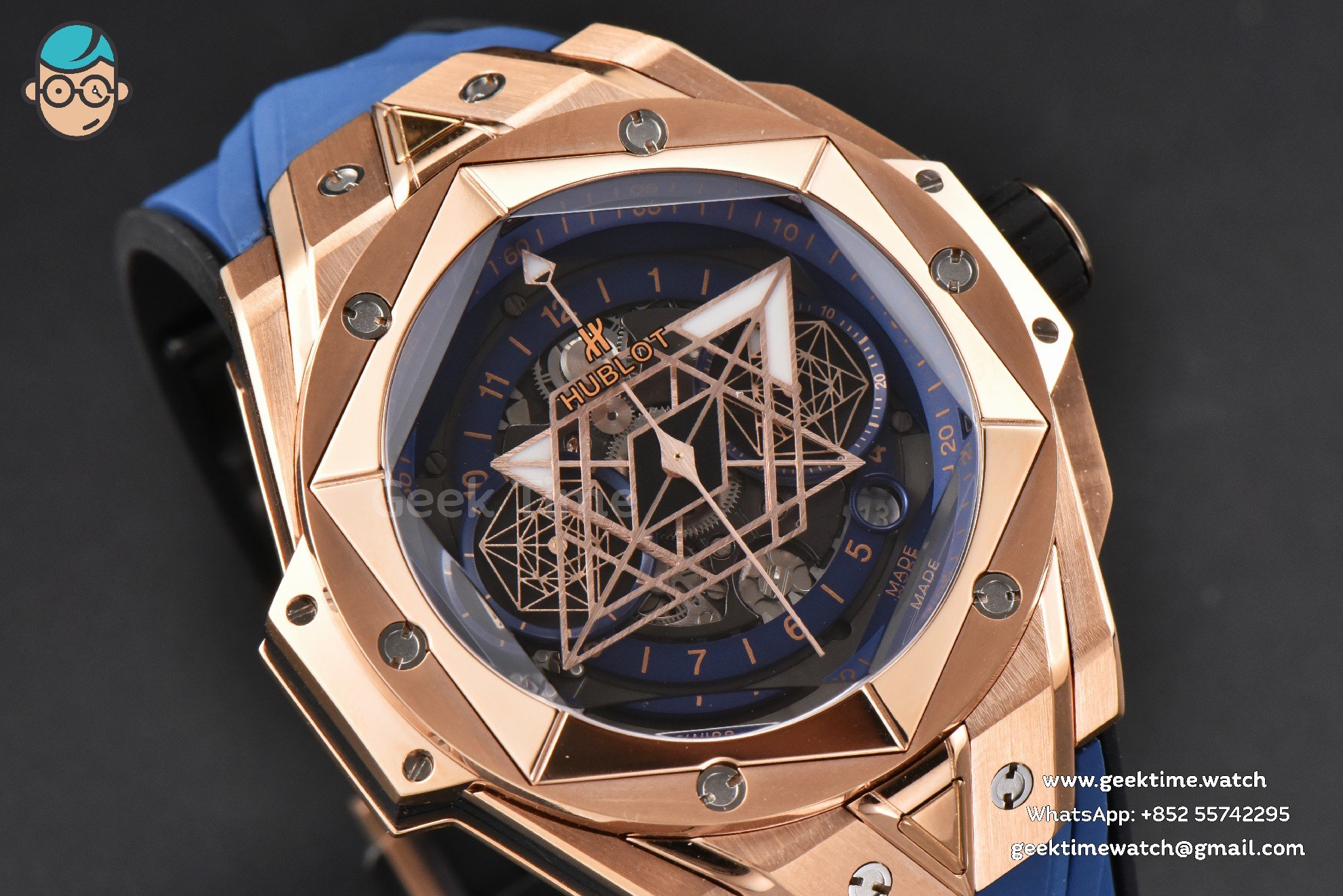 Big Bang Sang Bleu II Chrono RG 45mm BBF blaues skelettiertes Zifferblatt blaues Kautschukarmband HUB1240 - Image 11