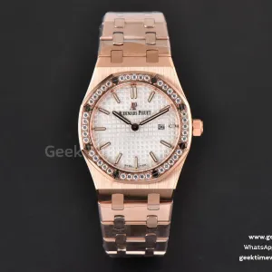 Royal Oak Ladies 33mm RG 8F esfera blanca con diamantes brazalete RG Swiss Quartz