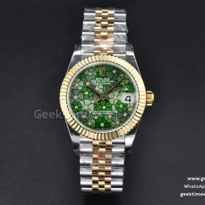 DateJust 31mm 904L YG GMF lunetta zigrinata quadrante verde a fiori bracciale Jubilee A2824