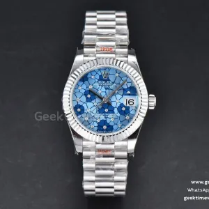 DateJust 31mm 904L GMF lunetta zigrinata quadrante blu a fiori bracciale President A2824
