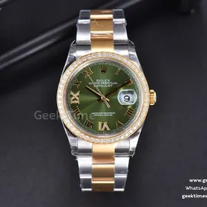 DateJust 36mm SS/YG EWF quadrante verde indice Roma diamantato lunetta con diamanti bracciale Oyster A3235