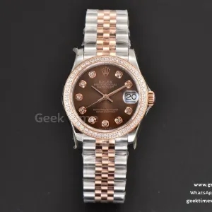 DateJust 31mm Ladies 904L RG/SS WF quadrante marrone con diamanti indice diamantato bracciale Jubilee A2671