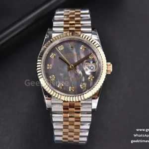 DateJust 36mm 904L YG/SS GMF lunetta zigrinata quadrante grigio in madreperla indice diamantato bracciale Jubilee VR3235