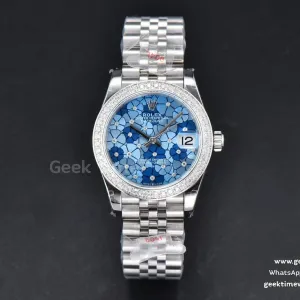 DateJust 31mm 904L GMF lunetta con diamanti quadrante blu a fiori bracciale Jubilee A2824