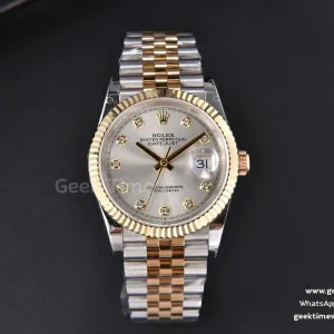 DateJust 36mm 904L YG/SS GMF lunetta zigrinata quadrante argento indice diamantato bracciale Jubilee VR3235