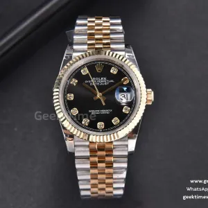 DateJust 36mm 904L YG/SS GMF lunetta zigrinata quadrante nero indice diamantato bracciale Jubilee VR3235