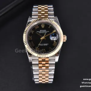 DateJust 36mm 904L YG/SS GMF lunetta zigrinata quadrante nero indice Roma bracciale Jubilee VR3235