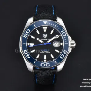 Aquaracer Caliber 5 43mm OF quadrante nero lancetta blu cinturino in nylon nero SW200