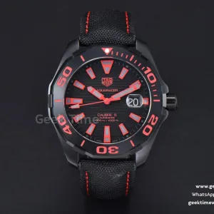Aquaracer Caliber 5 43mm OF ceramica lancetta rossa e nera quadrante cinturino in nylon nero SW200