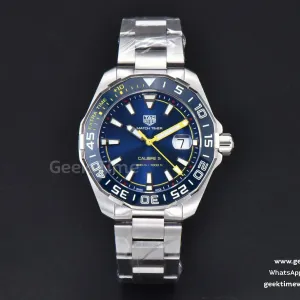 Aquaracer Calibre 5 OF 43mm quadrante blu lunetta blu lancette gialle bracciale SS Swiss SW200