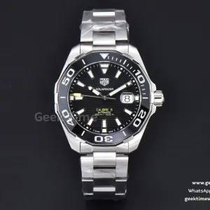 Aquaracer Caliber 5 43mm OF quadrante nero lancetta argento bracciale SS SW200