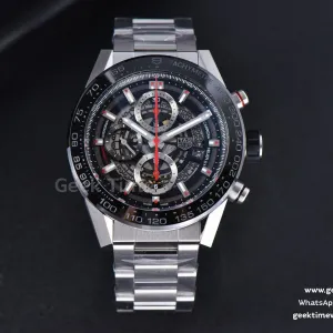 Calibre Heuer 01 Chrono XF 45mm PVD Skeleton Dial Red Hand SS Bracelet A1887