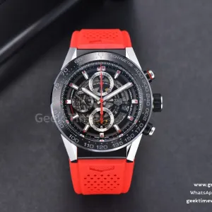 Calibre Heuer 01 Chrono XF 45mm Skeleton Dial Red Hand Red Rubber Strap A1887