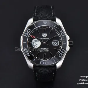 Aquaracer Caliber 5 43mm OF quadrante nero con fase lunare cinturino in nylon nero SW200