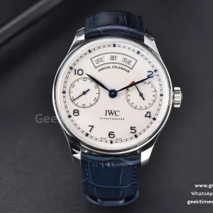 Portuguese Real PR Annual Calendar IW503502 ZF 44mm esfera blanca correa de piel azul A5280