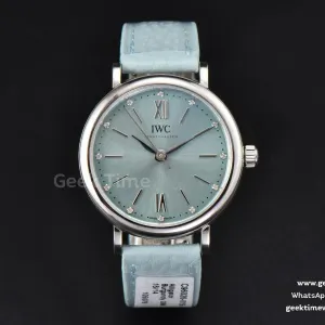 Portofino Automatic 34mm IW357416 quadrante azzurro ghiaccio con diamanti veri cinturino in pelle blu SW