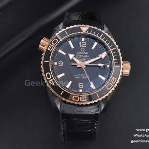 Planet Ocean 600m Deep Black cerámica auténtica 45.5mm VSF esfera negra/RG correa de piel negra A8906